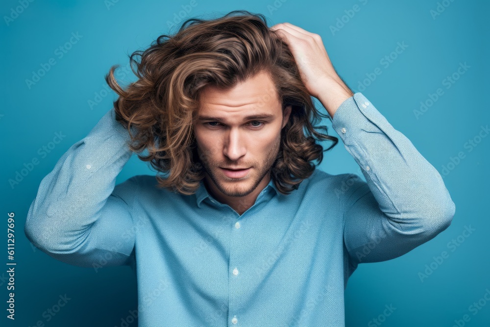 Medium shot portrait photography of a beautiful boy in his 30s touching her hair against a soft blue background. With generative AI technology Medium shot portrait photography of a beautiful boy in his 30s touching her hair against a soft blue background. With generative AI technology