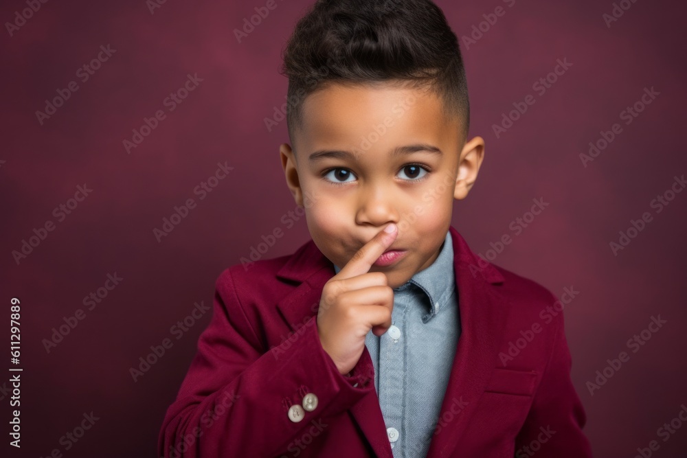 Headshot portrait photography of a happy kid male making a silence gesture by putting the index finger on the lips against a rich maroon background. With generative AI technology Headshot portrait photography of a happy kid male making a silence gesture by putting the index finger on the lips against a rich maroon background. With generative AI technology