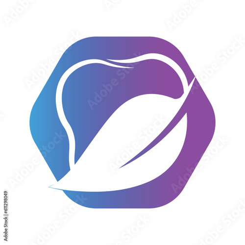 Tooth logo dental care with leaf hexagon shape vector illustration
