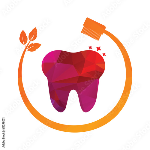 Tooth logo dental care with toothbrush and leaf vector illustration