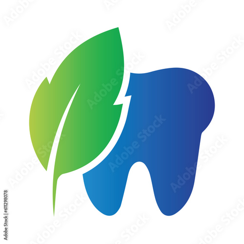 Tooth logo dental care with green leaf vector illustration