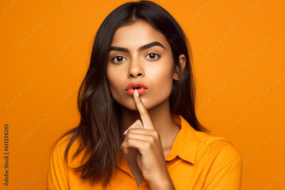 Close-up portrait photography of a glad girl in her 20s making a gesture of silence with his finger on his lips. With generative AI technology Close-up portrait photography of a glad girl in her 20s making a gesture of silence with his finger on his lips. With generative AI technology