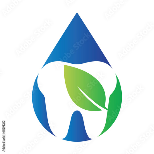 Tooth logo dental care with green leaf and water drop vector illustration