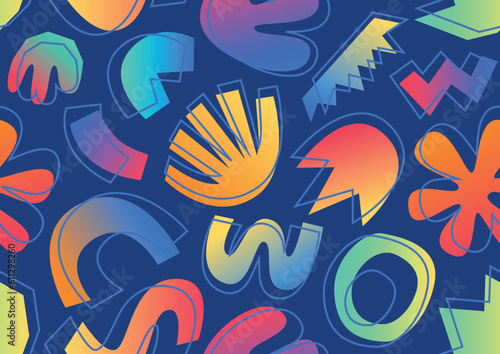 Various modern free form shapes and doodle objects gradient seamless pattern. Trendy contemporary pattern. Abstract hand drawn shapes texture.