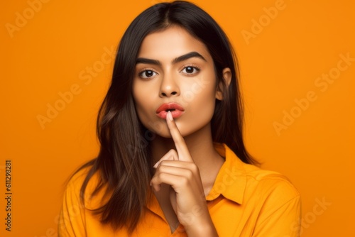 Close-up portrait photography of a glad girl in her 20s making a gesture of silence with his finger on his lips. With generative AI technology