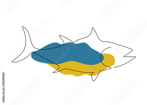 Sea tuna painted in line art style with colour patches of dark blue and dark yellow .International Tuna Day .Ocean Day