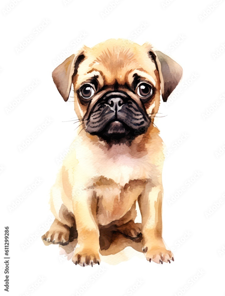 Adorable Pug puppy on white background in watercolor style. Generative AI.