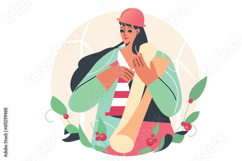 Concept Architect with people scene in the flat cartoon design. The architect goes to the construction site with all the drawings. Vector illustration.