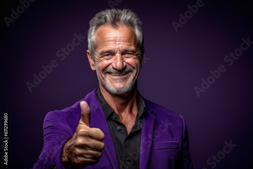 Medium shot portrait photography of a glad mature man showing a thumb up against a deep purple background. With generative AI technology