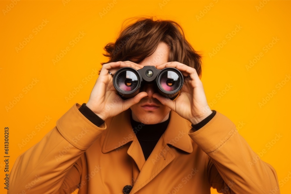 Headshot portrait photography of a beautiful boy in his 30s imitating the use of binoculars with the hands against a pastel orange background. With generative AI technology