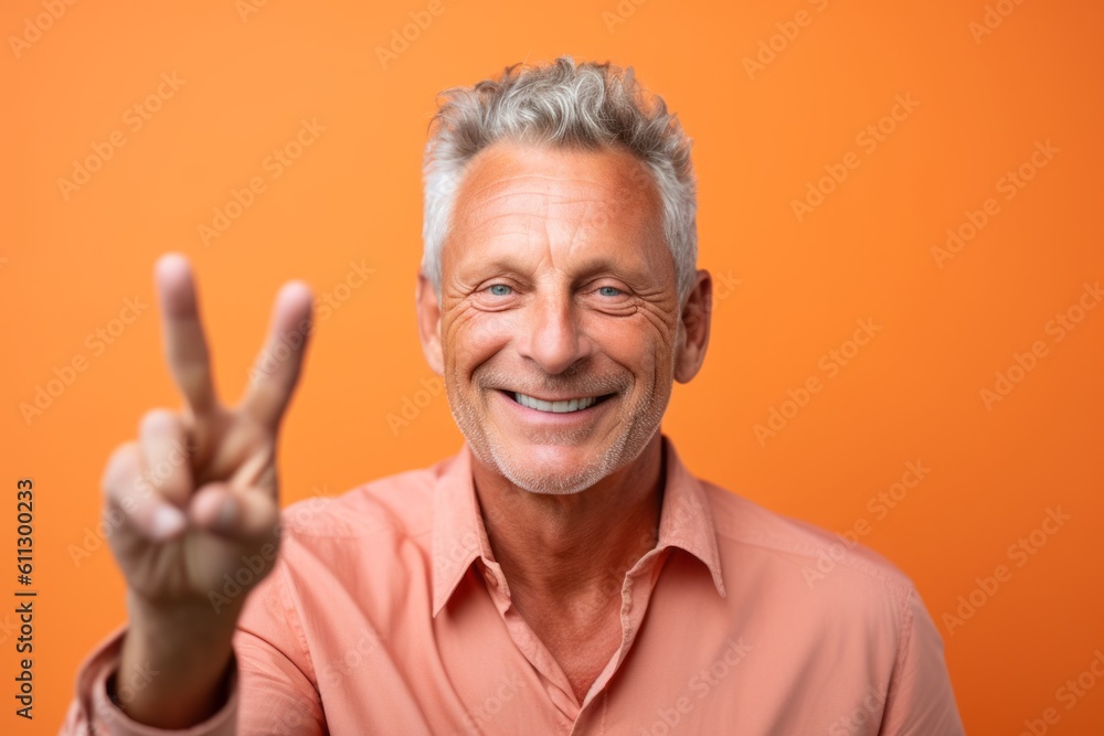 Headshot portrait photography of a satisfied mature man making a peace gesture with two fingers against a pastel orange background. With generative AI technology