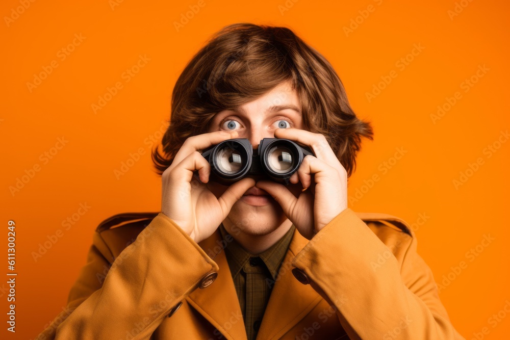 Headshot portrait photography of a beautiful boy in his 30s imitating the use of binoculars with the hands against a pastel orange background. With generative AI technology Headshot portrait photography of a beautiful boy in his 30s imitating the use of binoculars with the hands against a pastel orange background. With generative AI technology