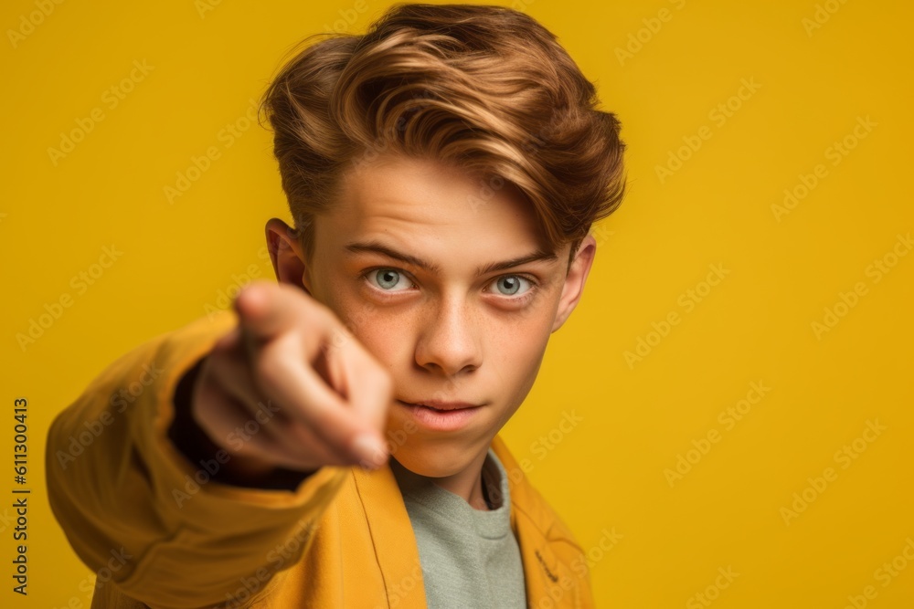 Headshot portrait photography of a beautiful boy in his 30s pointing down against a yellow background. With generative AI technology Headshot portrait photography of a beautiful boy in his 30s pointing down against a yellow background. With generative AI technology