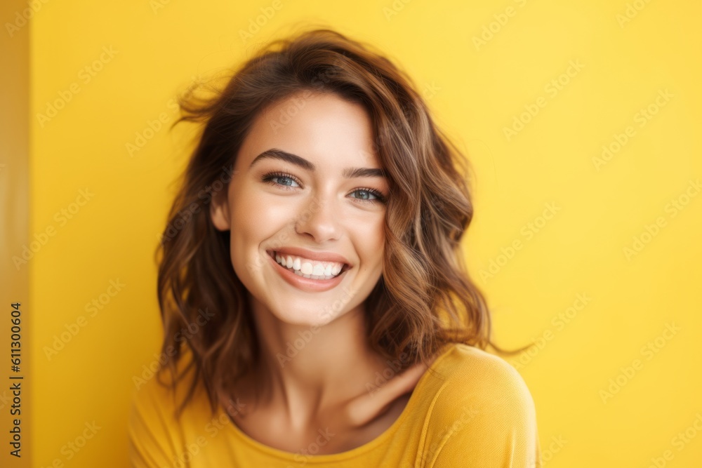 Close-up portrait photography of a satisfied girl in her 20s smiling against a yellow background. With generative AI technology Close-up portrait photography of a satisfied girl in her 20s smiling against a yellow background. With generative AI technology
