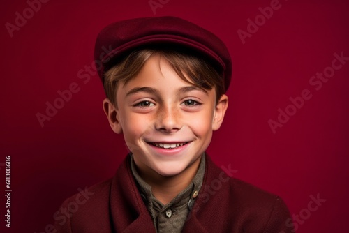 Close-up portrait photography of a happy kid male giving a hug to the camera against a burgundy red background. With generative AI technology