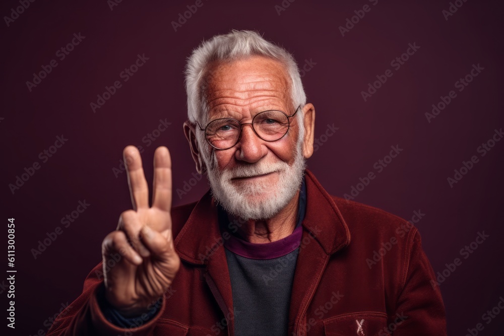 Obraz premium Headshot portrait photography of a glad old man making an ok gesture with the fingers against a burgundy red background. With generative AI technology
