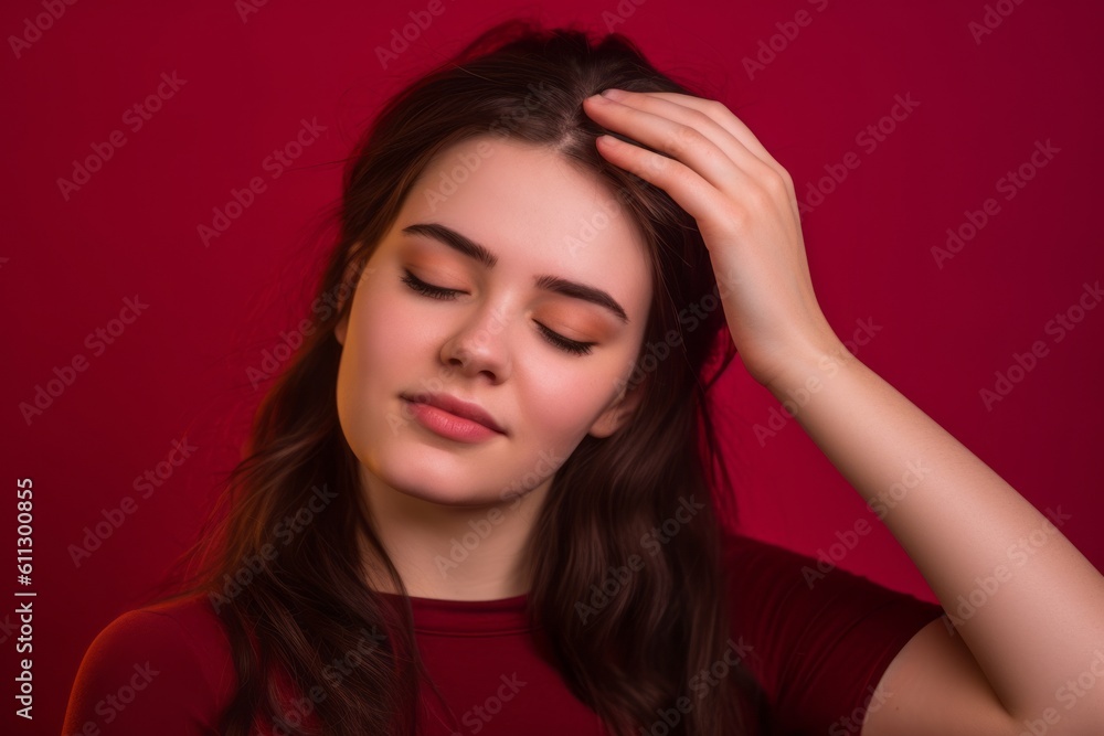 Headshot portrait photography of a glad girl in her 20s holding the hand on the forehead in a headache gesture against a burgundy red background. With generative AI technology Headshot portrait photography of a glad girl in her 20s holding the hand on the forehead in a headache gesture against a burgundy red background. With generative AI technology