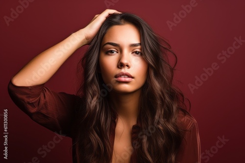 Headshot portrait photography of a glad girl in her 20s holding the hand on the forehead in a headache gesture against a burgundy red background. With generative AI technology