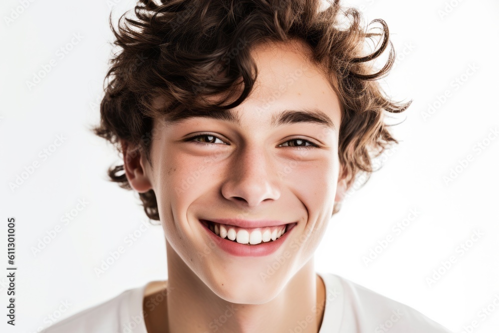 Close-up portrait photography of a beautiful boy in his 20s smiling against a pearl white background. With generative AI technology Close-up portrait photography of a beautiful boy in his 20s smiling against a pearl white background. With generative AI technology