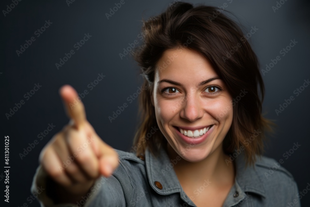 Close-up portrait photography of a grinning girl in her 30s raising a finger as if having an idea against a metallic silver background. With generative AI technology Close-up portrait photography of a grinning girl in her 30s raising a finger as if having an idea against a metallic silver background. With generative AI technology