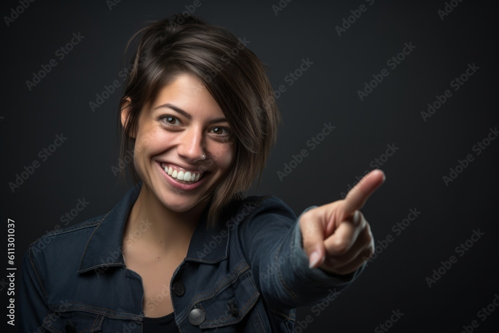 Close-up portrait photography of a grinning girl in her 30s raising a finger as if having an idea against a metallic silver background. With generative AI technology Close-up portrait photography of a grinning girl in her 30s raising a finger as if having an idea against a metallic silver background. With generative AI technology