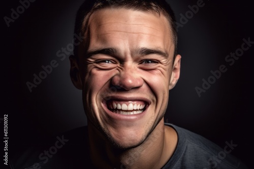 Headshot portrait photography of a happy boy in his 30s covering one eye against a metallic silver background. With generative AI technology
