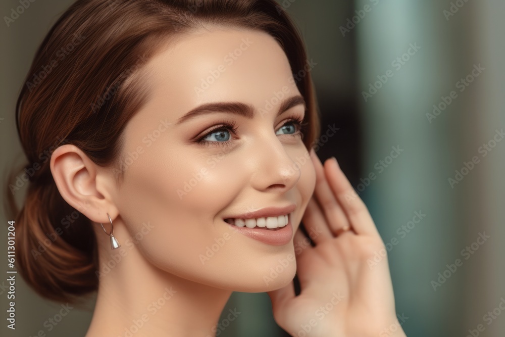 Close-up portrait photography of a glad girl in her 30s making a i'm listening gesture with the hand on the ear against a beige background. With generative AI technology Close-up portrait photography of a glad girl in her 30s making a i'm listening gesture with the hand on the ear against a beige background. With generative AI technology