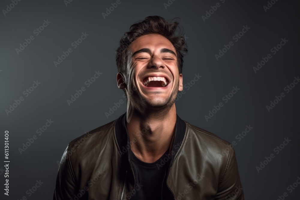 Fototapeta premium Medium shot portrait photography of a satisfied boy in his 30s laughing against a cool gray background. With generative AI technology