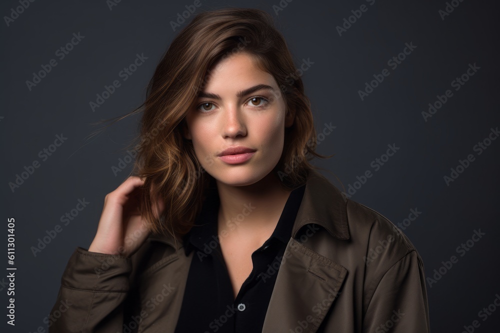 Headshot portrait photography of a glad girl in her 20s talking on the phone against a cool gray background. With generative AI technology