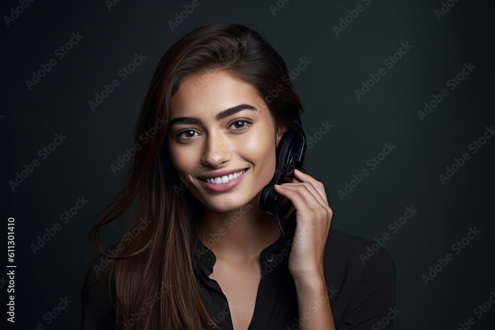 Headshot portrait photography of a glad girl in her 20s talking on the phone against a cool gray background. With generative AI technology Headshot portrait photography of a glad girl in her 20s talking on the phone against a cool gray background. With generative AI technology