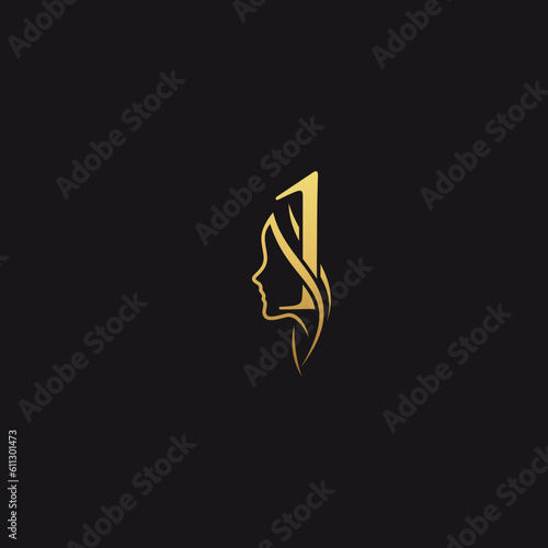 gold colored number 1 combined with female face indicating beauty use for salon, hair, business, logo, design, vector, company, branding, and more