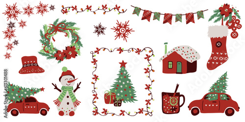 Red and Green Christmas Tree, Car, Garland, Flag, Snowman and Snowflakes