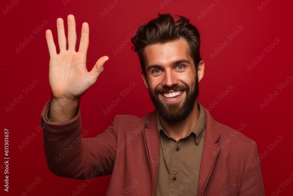 Headshot portrait photography of a satisfied boy in his 30s waving with the hand against a ruby red background. With generative AI technology
