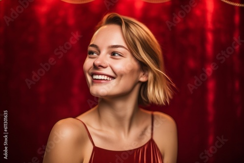 Close-up portrait photography of a grinning girl in her 30s posing as if dancing against a ruby red background. With generative AI technology