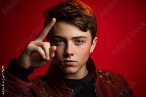 Close-up portrait photography of a glad boy in his 20s making a rock on or rock horns gesture with the hand against a ruby red background. With generative AI technology photo