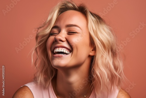 Headshot portrait photography of a happy girl in her 30s laughing against a coral pink background. With generative AI technology