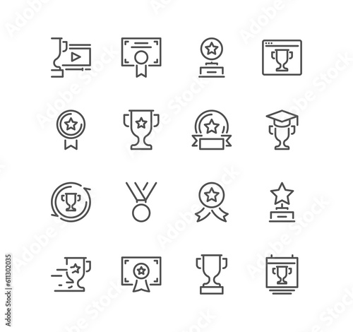 Set of awards related icons, ribbon badge, trophy, winner, medal, certificate, online competition and linear variety symbols.