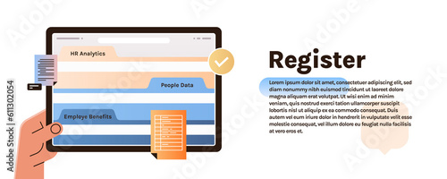 File register folders and people data documents flat illustration.