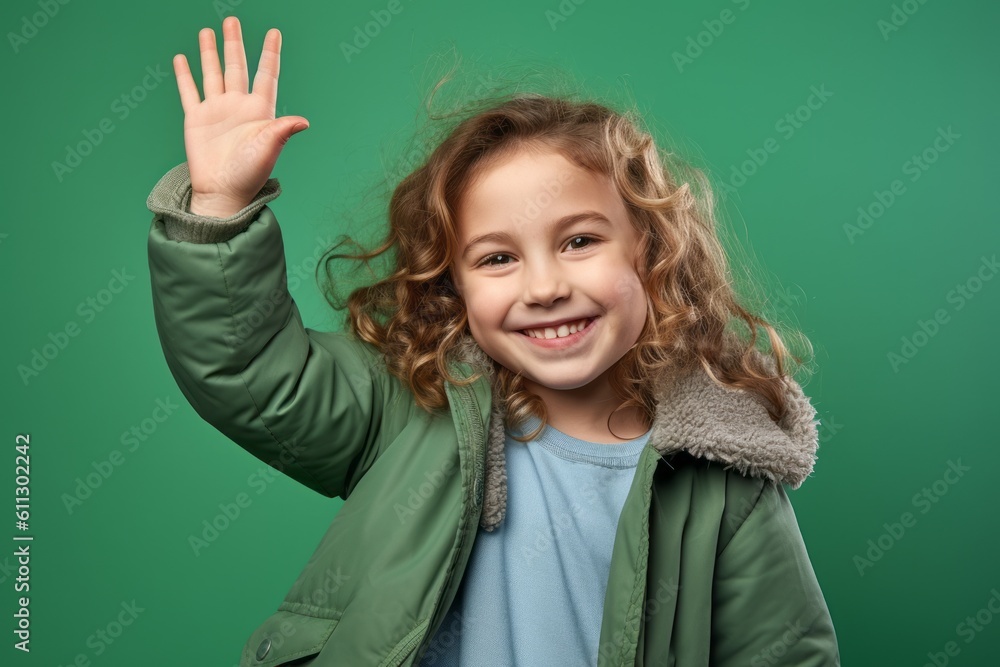 Close-up portrait photography of a happy kid female waving with the hand against a spearmint green background. With generative AI technology Close-up portrait photography of a happy kid female waving with the hand against a spearmint green background. With generative AI technology