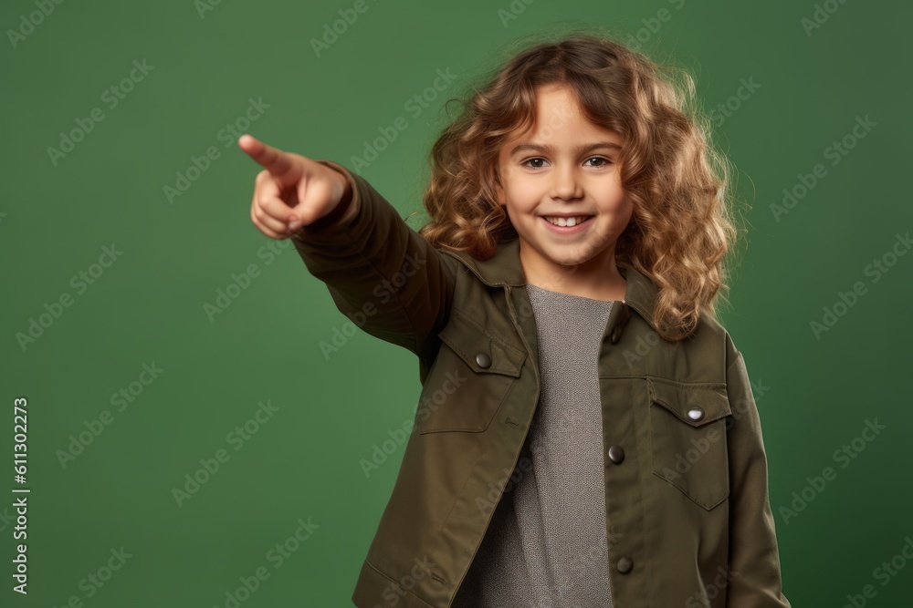 Medium shot portrait photography of a satisfied kid female pointing down against a spearmint green background. With generative AI technology Medium shot portrait photography of a satisfied kid female pointing down against a spearmint green background. With generative AI technology