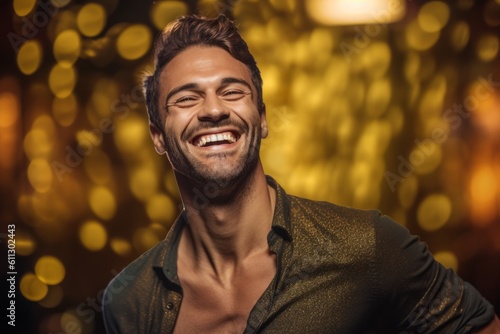 Headshot portrait photography of a happy boy in his 30s posing as if dancing against a gold background. With generative AI technology