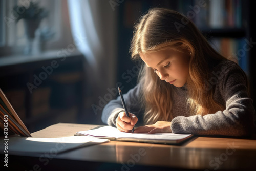 portrait of thoughtful girl doing homework. AI Generative