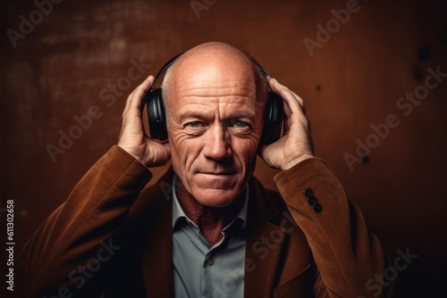 Close-up portrait photography of a glad mature man covering his ears against a copper brown background. With generative AI technology