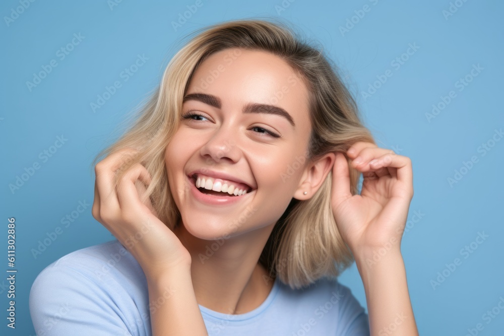 Headshot portrait photography of a joyful girl in her 20s making a i'm listening gesture with the hand on the ear against a periwinkle blue background. With generative AI technology Headshot portrait photography of a joyful girl in her 20s making a i'm listening gesture with the hand on the ear against a periwinkle blue background. With generative AI technology