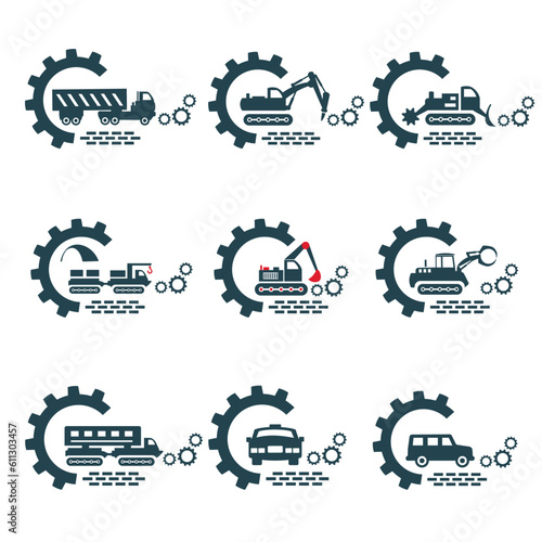 A set of vector logos of construction vehicles and car.