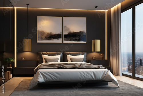 Modern bedroom, and living room in a contemporary house, with a 3D mockup canvas frame on the wall, Generated with AI © SardarMuhammad