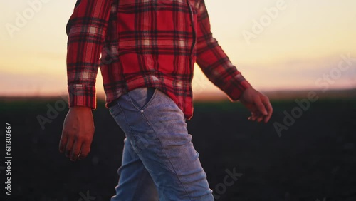 agriculture. close-up farmer hand walking after work in agricultural field. business agriculture concept. a farmer goes to work at dawn across an agricultural field. hand tired from crop hard work