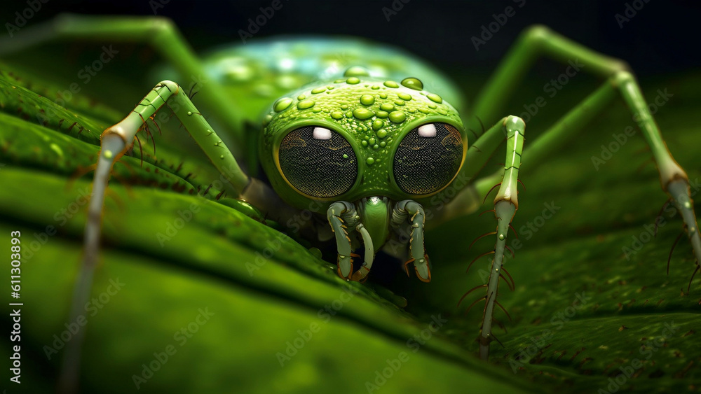 Fototapeta premium a beautiful green spider is sitting on a leaf. Generative AI.