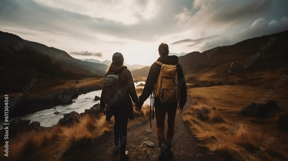 Exciting travel photo featuring traveler, companion, and breathtaking landscape. Captures travel passion, wanderlust, and adventure. Inspires captivating stories. Generative ai.