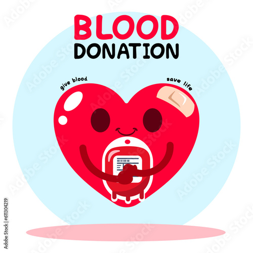 Cute Red Heart hugs the blood bag. Give blood and Save life. Vector illustration flat cartoon design. blood donation concept.